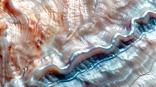 Exquisite close-up of luxurious nacre seashell texture, showcasing iridescent mother-of-pearl hues and delicate swirling patterns on a lustrous, creamy white background. photo