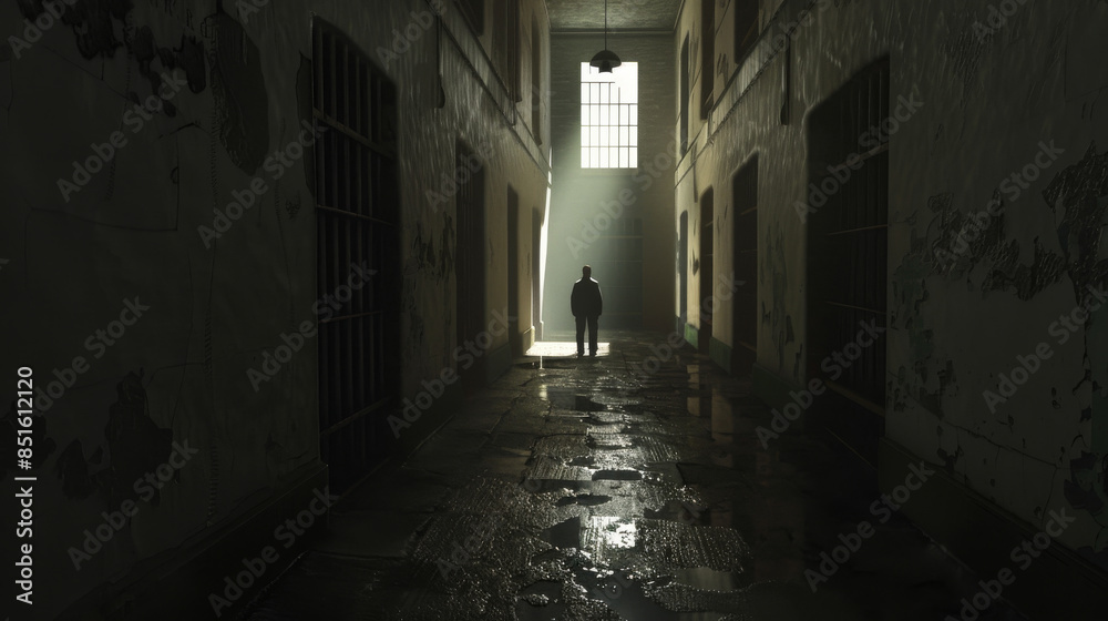 Obraz premium A solitary figure stands in the dimly lit corridor of an abandoned building, light flooding through a distant window, creating an eerie yet intriguing scene.