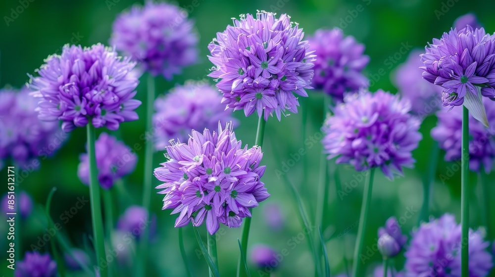 Vibrant purple onion flowers bloom in the great outdoors, delicate petals swaying gently in the breeze, surrounded by lush green foliage, warm sunlight casting a serene atmosphere. Vibrant purple onion flowers bloom in the great outdoors, delicate petals swaying gently in the breeze, surrounded by lush green foliage, warm sunlight casting a serene atmosphere.