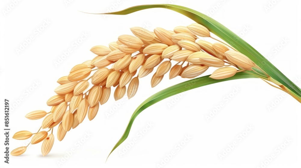 © Wanlop - Close-up of a single rice ear with a delicate green leaf attached, isolated on a clean white background, showcasing the natural texture and detail.