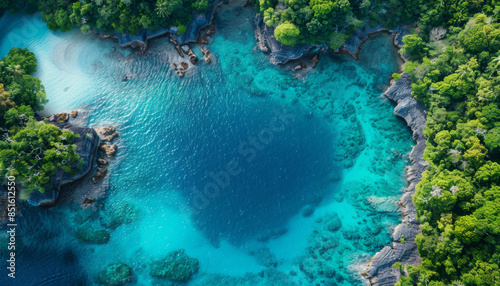 Fototapeta Naklejka Na Ścianę i Meble -  aerial view of a tropical island with a turquoise lagoon and coral reefs