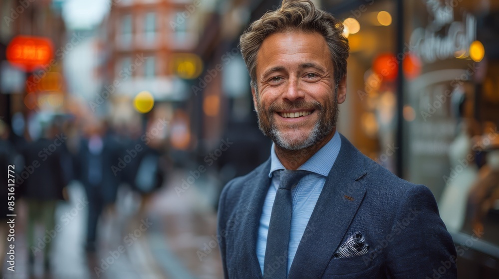 A cheerful businessman in a sleek suit smiles warmly in front of a city backdrop with blurred lights A cheerful businessman in a sleek suit smiles warmly in front of a city backdrop with blurred lights