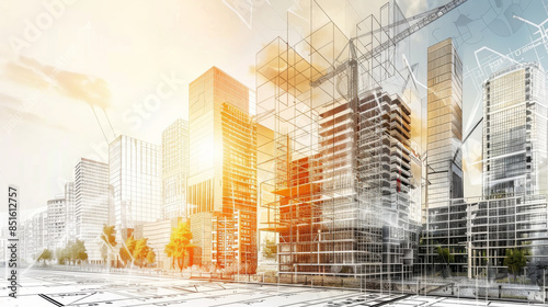 The juxtaposition of modern architectural designs and construction frameworks highlights the blend of progress and creativity. photo