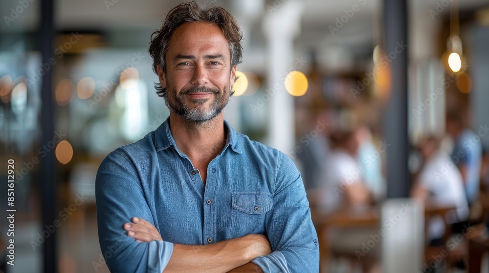 Fototapeta premium Confident businessman with stubble in a blue shirt posing in a contemporary office environment
