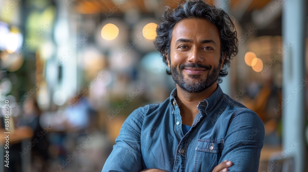 Fototapeta premium Cheerful mature man with curly hair and a denim shirt smiling with arms crossed in a cafe setting