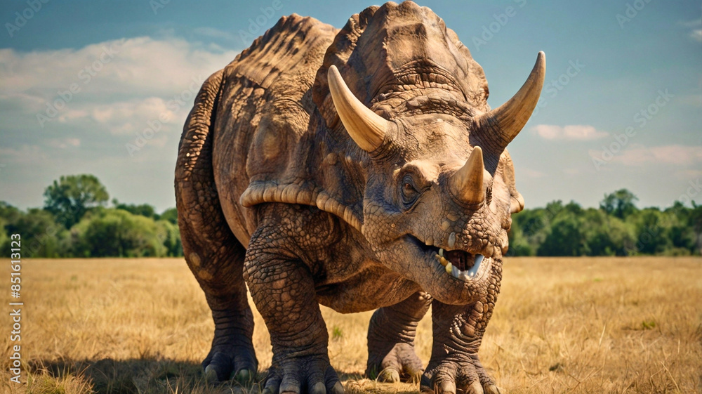 Fototapeta premium Triceratops: The Majestic Herbivore with Three Horns and a Massive Frill Dominating the Late Cretaceous Era.