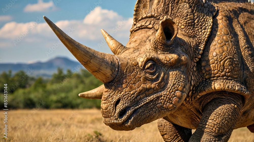 Fototapeta premium Triceratops: The Majestic Herbivore with Three Horns and a Massive Frill Dominating the Late Cretaceous Era. 