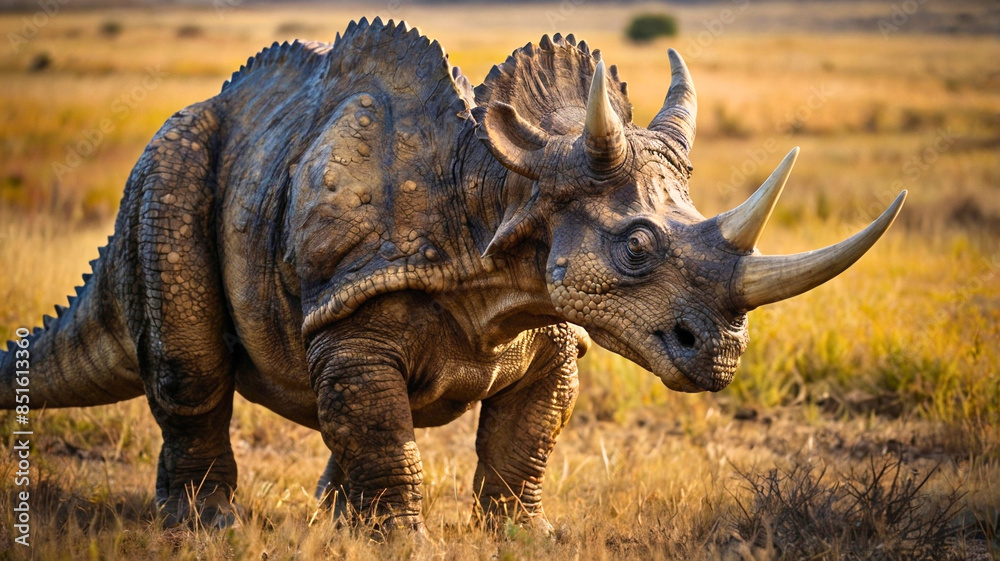 Fototapeta premium Triceratops: The Majestic Herbivore with Three Horns and a Massive Frill Dominating the Late Cretaceous Era.