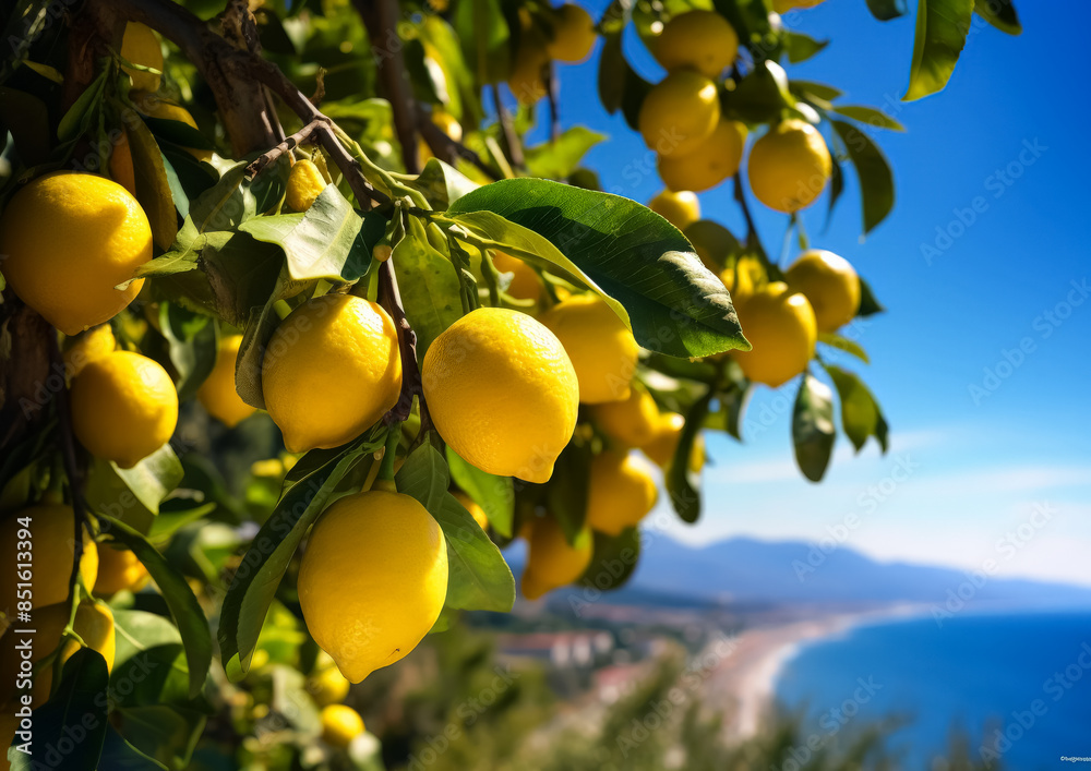 A tree with many lemons on it. The lemons are hanging from the tree and are dripping water. The scene is set in a beautiful natural environment with a lake in the background A tree with many lemons on it. The lemons are hanging from the tree and are dripping water. The scene is set in a beautiful natural environment with a lake in the background