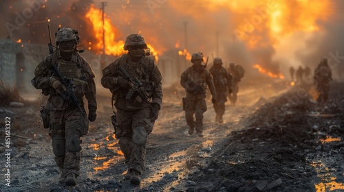 Soldiers moving forward in a combat zone with explosions and fire in a war-torn setting