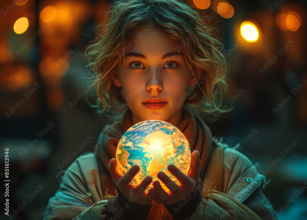 Naklejka premium Girl Holding Illuminated Globe at Night. A young woman with curly blonde hair holds a glowing globe in her hands, looking directly at the camera.