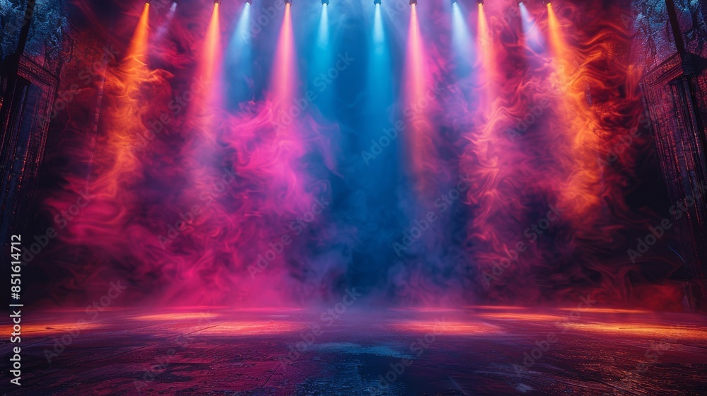 An atmospheric image with eerie red and blue smoke lit by spotlights, invoking a sense of suspense and drama An atmospheric image with eerie red and blue smoke lit by spotlights, invoking a sense of suspense and drama