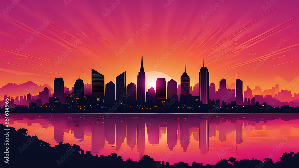 Obraz premium Radiant Urban Sunset: Silhouetted Skyscrapers Against a Vibrant Gradient Sky Reflecting in Serene Waters with Shadowy Foliage Framing the Tranquil Metropolitan Scene 