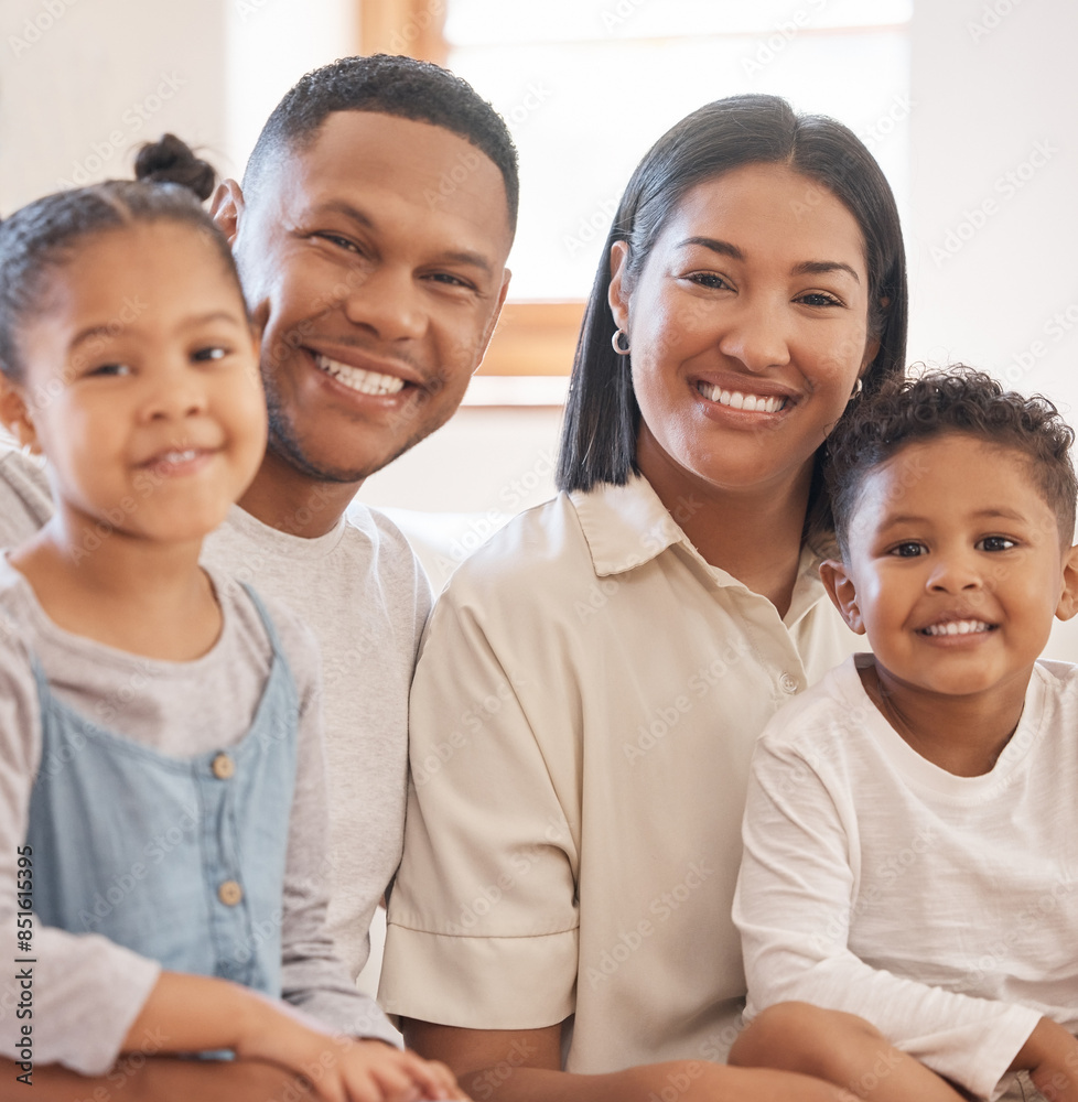 Family, children and portrait on sofa for love, smile and connection or security in home for bonding. Parents, mother and father in lounge for happiness, embrace and together for support or couch Family, children and portrait on sofa for love, smile and connection or security in home for bonding. Parents, mother and father in lounge for happiness, embrace and together for support or couch