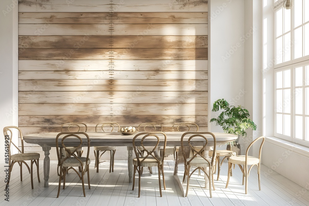 Obraz premium Interior Dining Room, A Distressed Wood Wall In A Farmhouse-style Dining Room, Wall Mockup, 3d Render Real Room Template