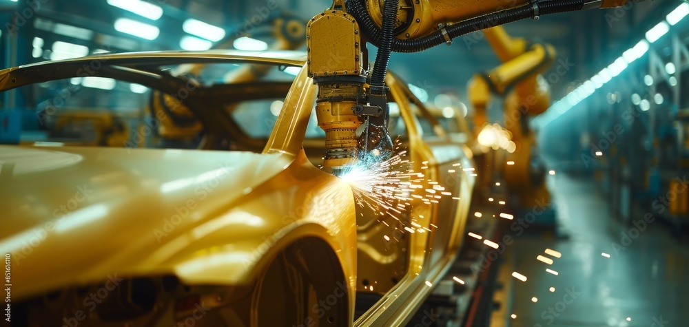 Yellow robotic arms welding a car body on a factory production line ...