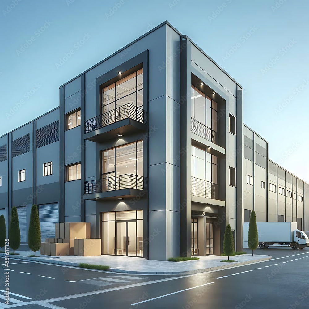 Obraz premium Exterior of a modern warehouse with a small office unit