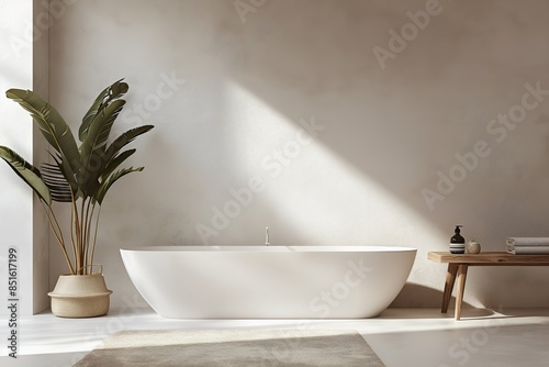 Interior Bathroom, Empty Wall Mockup In White Room With White Bathtub And Decorations, 3d Render Real Room Template