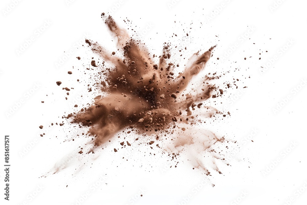 Brown dust explosion on a white background. Abstract and dynamic composition with particles. Brown dust explosion on a white background. Abstract and dynamic composition with particles.