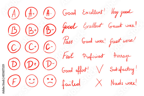 Hand drawn grade letter set. Sketch exam results A to F in circle. School test result of education, description phrases doodle. Vector illustration.