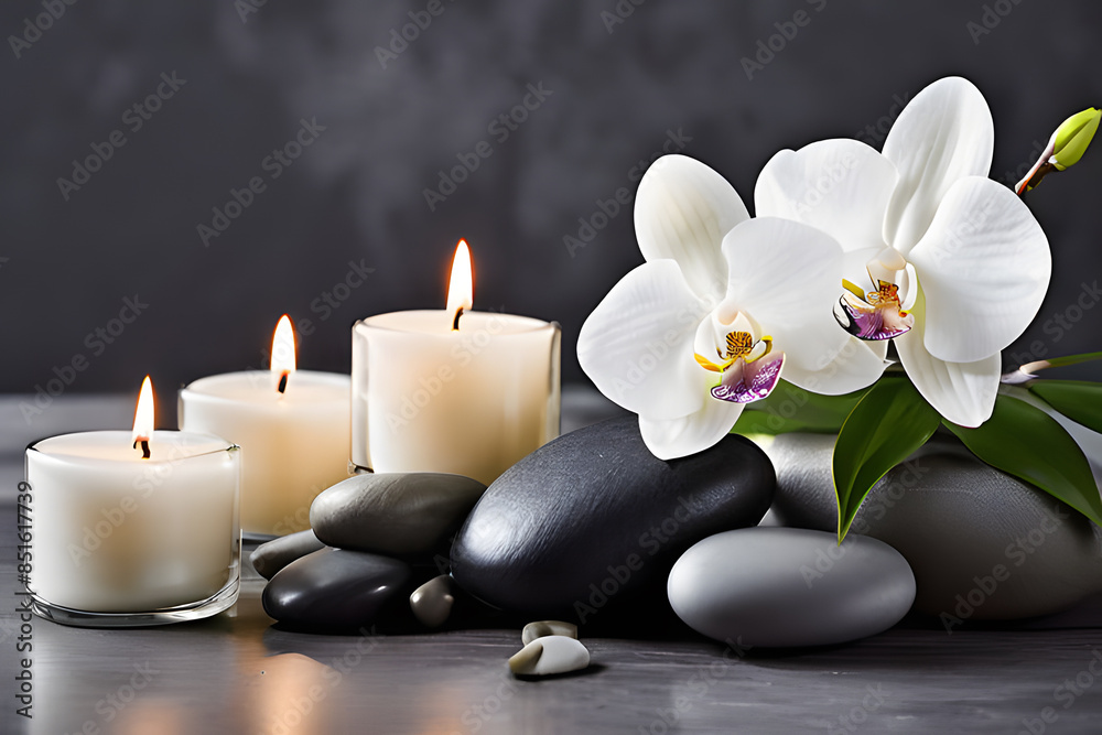 Zen stones, candles and a white orchid flower on a green and gray background with the concept of massage, spa and body care Zen stones, candles and a white orchid flower on a green and gray background with the concept of massage, spa and body care