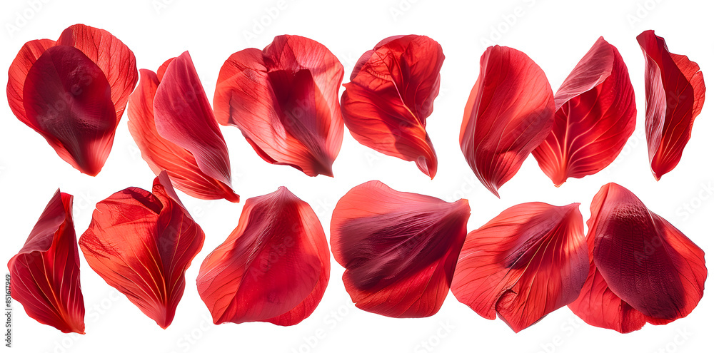 Fototapeta premium Collection of soft red flower petals isolated on a white background