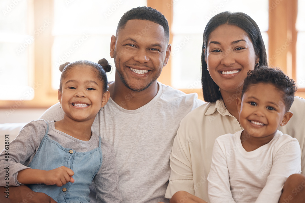 Family, hug and portrait in lounge for love, smile and connection or security in home for bonding. Parents, children and relax on couch for happiness, embrace and together for support or affection Family, hug and portrait in lounge for love, smile and connection or security in home for bonding. Parents, children and relax on couch for happiness, embrace and together for support or affection
