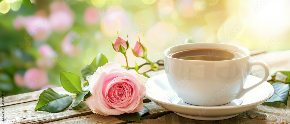 A serene tea setup with a white cup of tea and a pink rose in soft, dreamy light, capturing a peaceful morning moment. A serene tea setup with a white cup of tea and a pink rose in soft, dreamy light, capturing a peaceful morning moment.