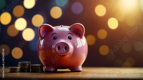 Pink Piggy Bank With Stacks of Coins on a Table With Bokeh Lights in the Background