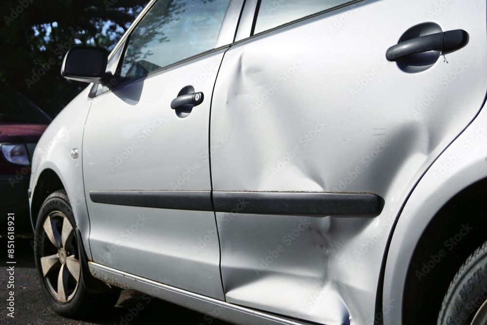 Photo of a silver passenger car with a severe dent on the back door. A car with material damage after a road collision. Photo of a silver passenger car with a severe dent on the back door. A car with material damage after a road collision.
