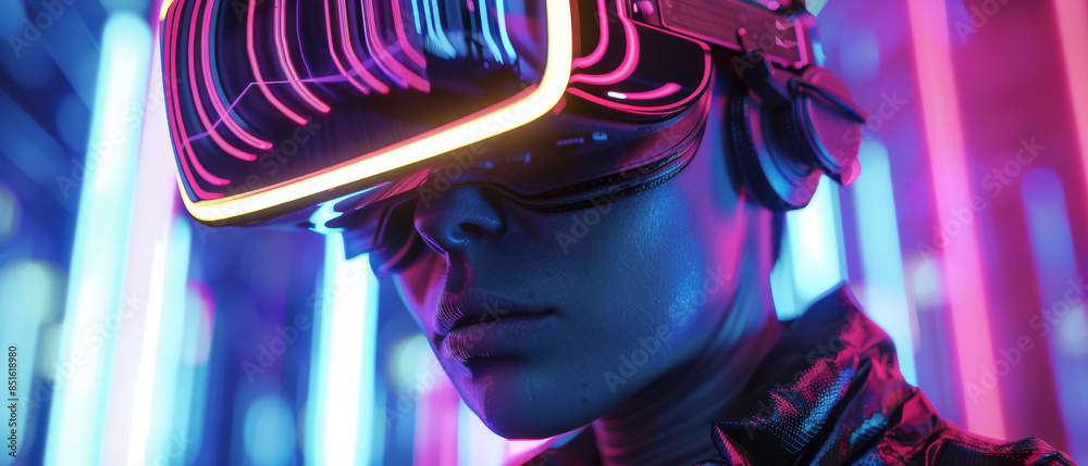 A striking portrait of a person wearing VR goggles against a vibrant background, blending modern technology with bold, artistic expressions.