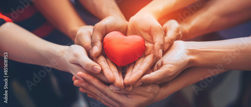 Multiple hands surround and protect a red heart, radiating themes of love, unity, and community spirit in a warm, shared moment. photo