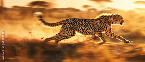In the heart of the savannah, a cheetah dashes through the golden hues of dusk, epitomizing unmatched speed and the raw, primal beauty of the wild.