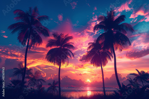 colorful sunset with palm trees on a tropical beach background. beautiful sky in the evening. colorful clouds and the silhouette of a coconut tree at the sea shore