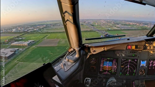 Landing seen forward view from cockpit of aircraft, airplane, jet plane from holiday destination and many instruments and controls on the flight deck Amsterdam airport Schiphol