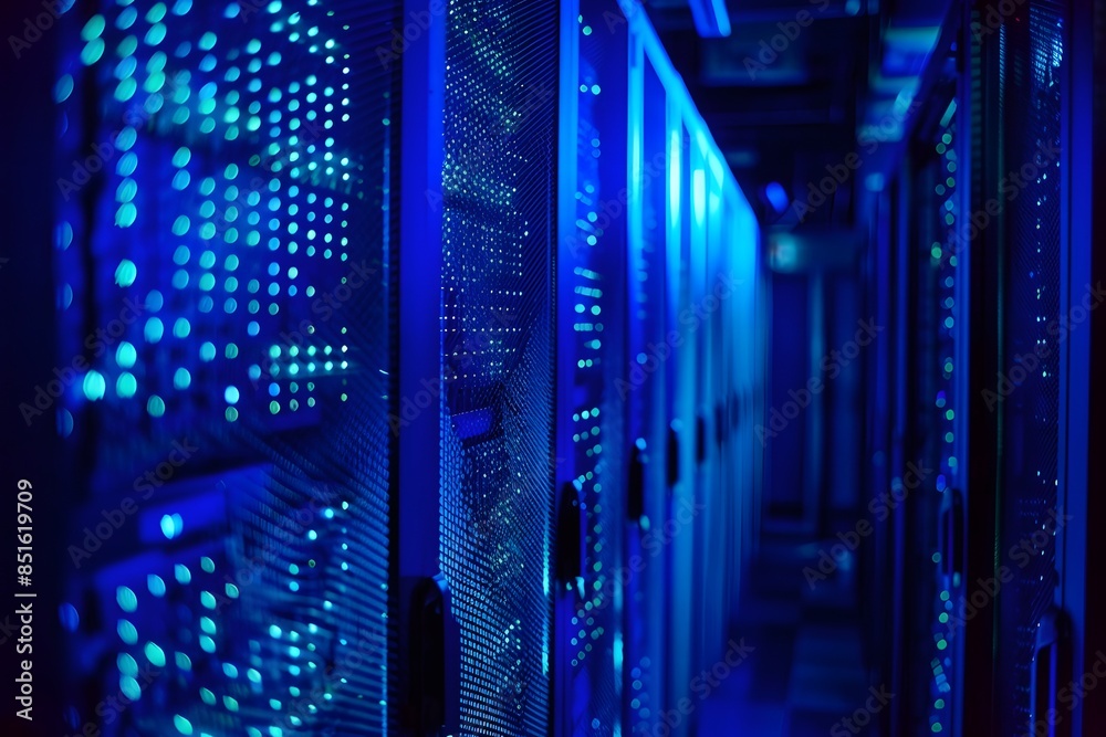 High-tech data center with rows of advanced computer graphics, glowing blue lights illuminating the scene, symmetrical composition showcasing modern technology and security features, high-resolution High-tech data center with rows of advanced computer graphics, glowing blue lights illuminating the scene, symmetrical composition showcasing modern technology and security features, high-resolution