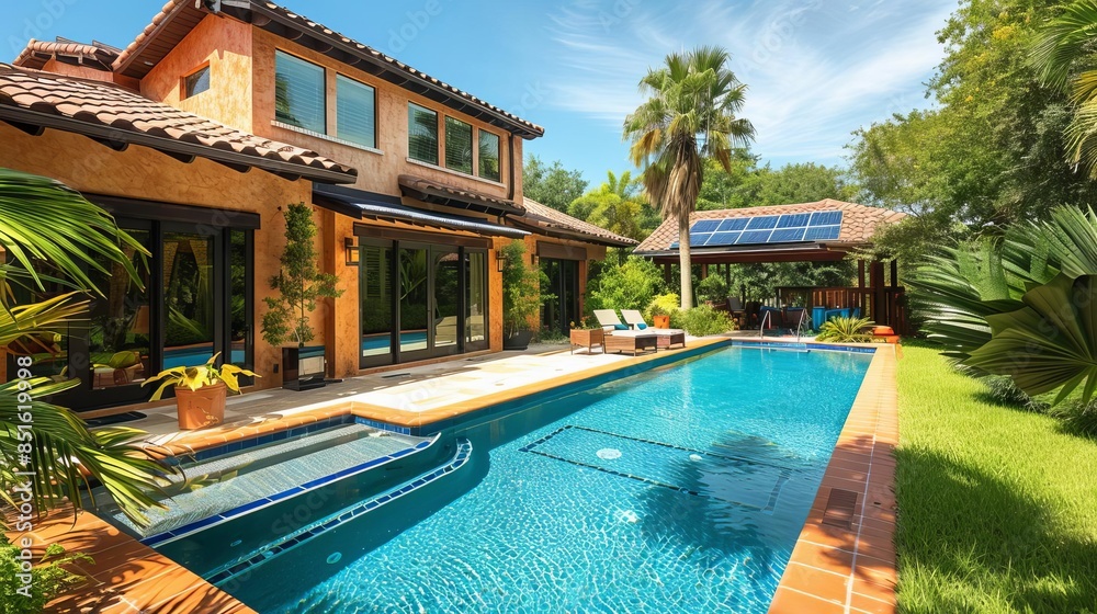 Fototapeta premium Family enjoying a solarheated pool, backyard view, promoting sustainable home amenities, advanced tone, Tetradic color scheme
