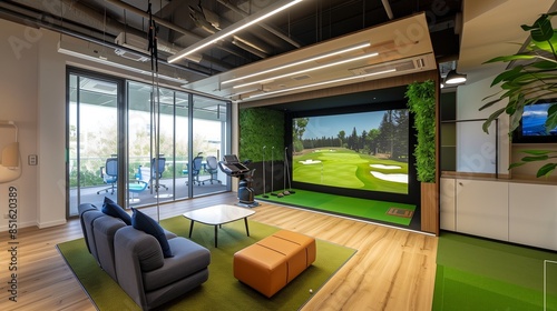 A modern office with an indoor sports simulator, offering golf, skiing, and other sports for active breaks