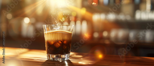 An enticing glass of iced coffee sits on a wooden counter, bathed in warm sunlight, suggesting a refreshing moment of bliss and relaxation.