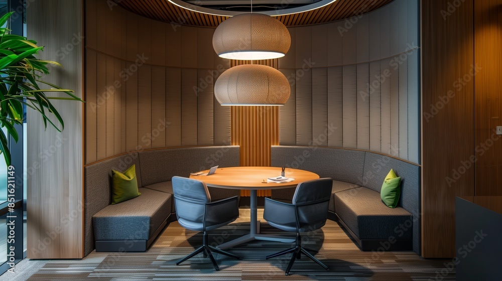 A modern officea??s collaboration pod with acoustic panels, a round table, and overhead pendant lighting for focused teamwork A modern officea??s collaboration pod with acoustic panels, a round table, and overhead pendant lighting for focused teamwork