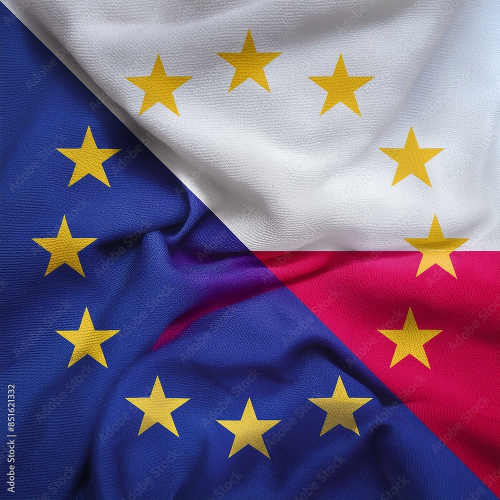 polish and european union flag united in the wind. Polish and european cooperation and good relationship concept