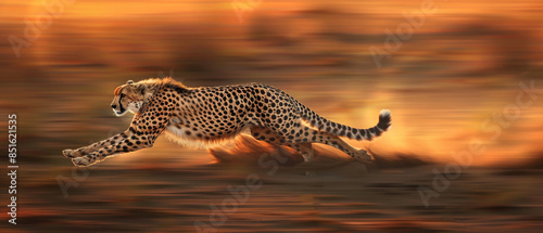 A cheetah captured in mid-sprint against a blurred wilderness background, epitomizing grace, speed, and the untamed spirit of the wild.