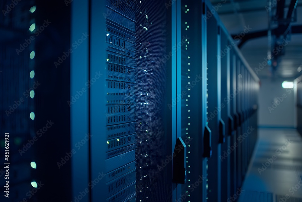 High-tech data center with rows of advanced computer graphics, glowing blue lights illuminating the scene, symmetrical composition showcasing modern technology and security features, high-resolution High-tech data center with rows of advanced computer graphics, glowing blue lights illuminating the scene, symmetrical composition showcasing modern technology and security features, high-resolution
