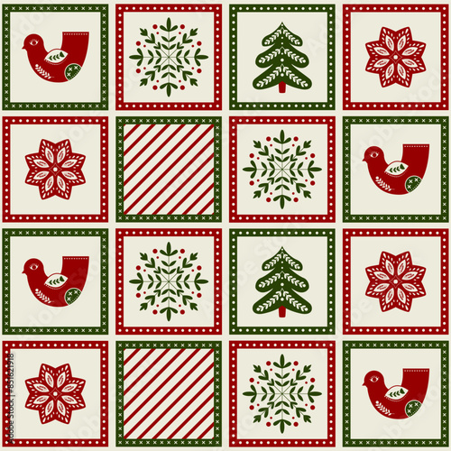 Seamless Christmas Holiday Patchwork Background. Decorative patchwork pattern in vector.