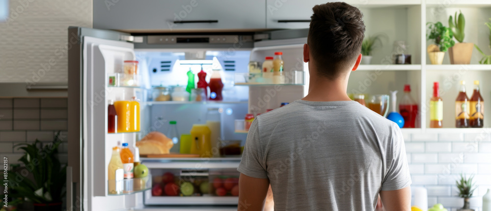 A man with a short haircut stands in front of a well-stocked refrigerator, pondering his options in a sleek, modern kitchen. A man with a short haircut stands in front of a well-stocked refrigerator, pondering his options in a sleek, modern kitchen.