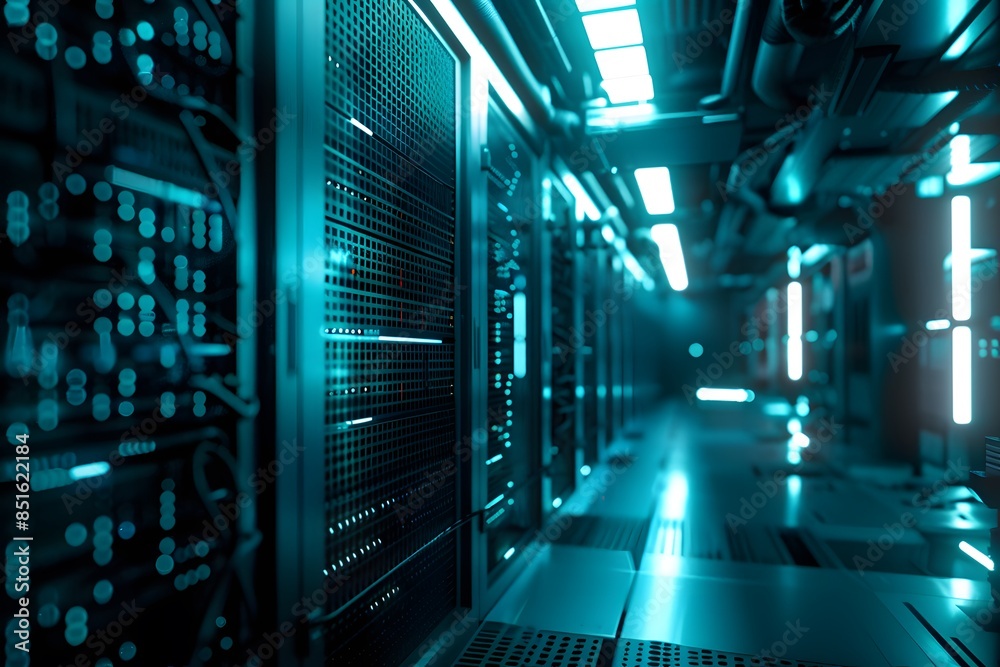 Fototapeta premium High-tech data center with rows of advanced computer graphics, glowing blue lights illuminating the scene, symmetrical composition showcasing modern technology and security features, high-resolution 
