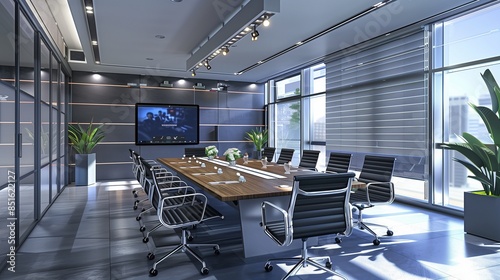 A modern officea??s virtual meeting room with advanced telepresence equipment for realistic video conferencing experiences