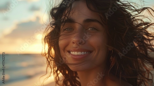 Close-up portrait of a carefree woman with wavy hair smiling at the seaside during dusk.