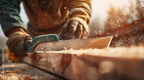 Close-up of a carpenter using an electric saw to cut through wood, with sawdust flying and sunlight in the background.