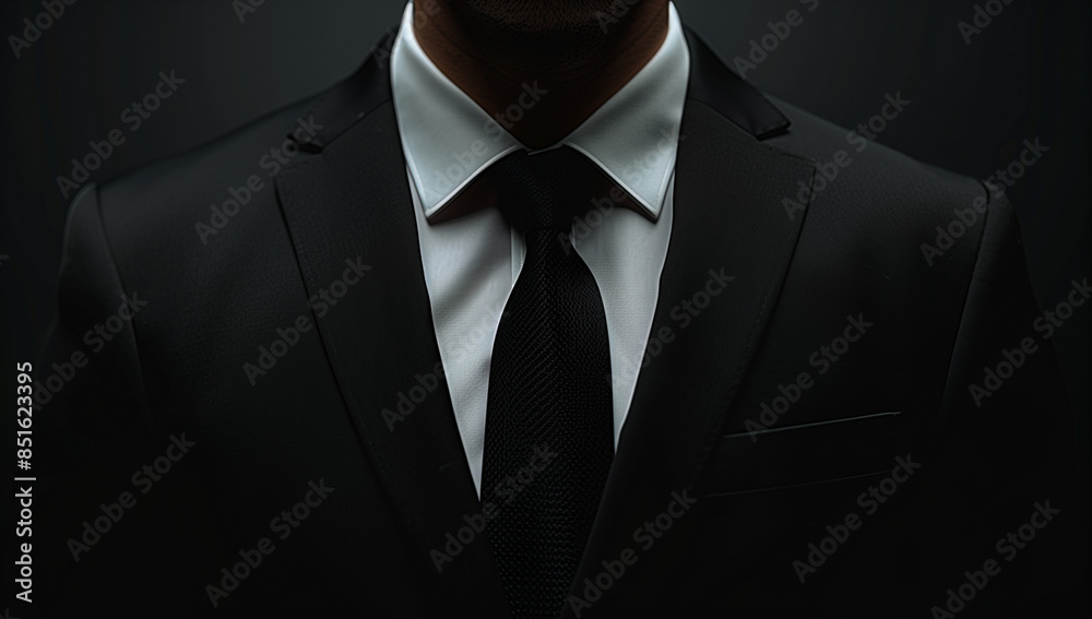 A man in a black suit and tie isolated on a dark background, in a close up shot with copy space for your design A man in a black suit and tie isolated on a dark background, in a close up shot with copy space for your design